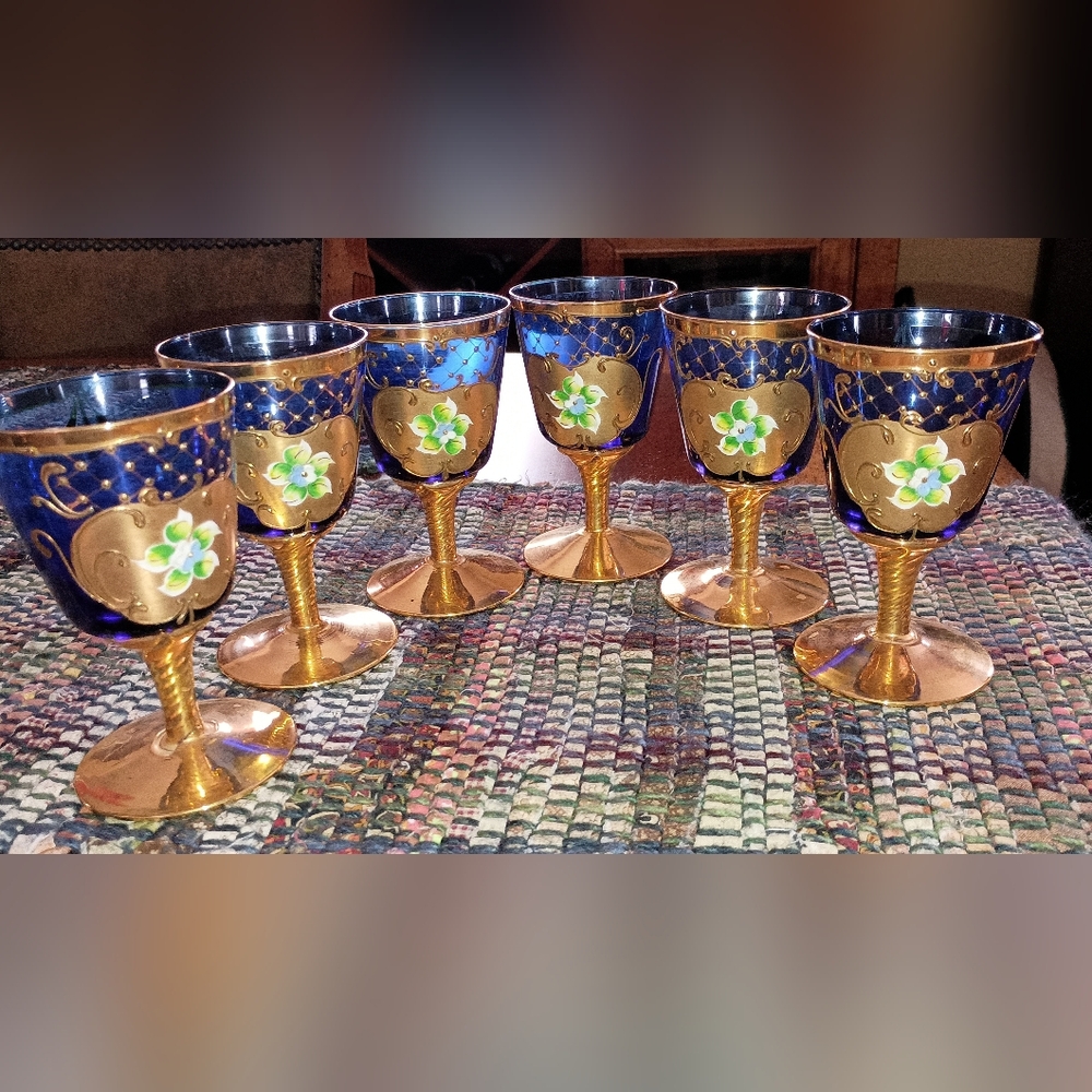 Sale! Elegant Vintage Bohemian Czech Cobalt Blue and Gold Goblets Set -6